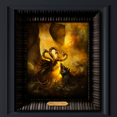 Godzilla battles monster zero King Ghidorah.
Full color oil painting in custom frame with hand carved wood gold leafed label.
