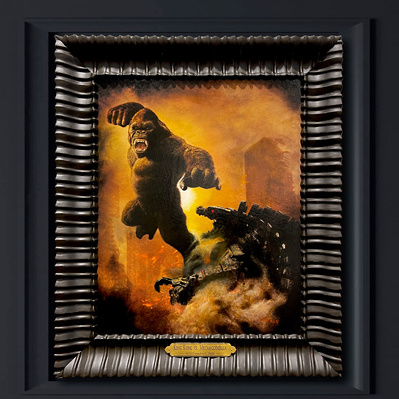 King Kong vs. Mechagodzilla in the middle of a city. Full color oil painting in custom frame with hand carved wooden and gold leafed nameplate.