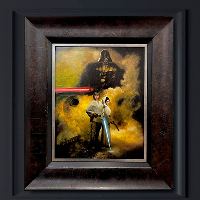 Star Wars Luke Skywalker and Princess Leia standing defiantly together with Darth Vader coming out of the mist behind them.
Full color oil painting in custom frame