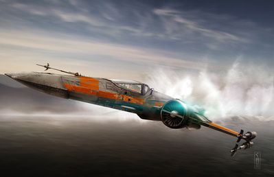 Star Wars Poe Dameron in his X-Wing flying over a large body of water