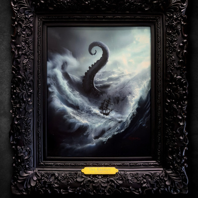 A single tentacle of the Kraken rising from a stormy see menacing a dark pirate ship