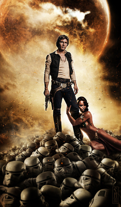 Star Wars character Han Solo standing on a pile of Stormtrooper helmets with a slave woman holding his leg in an homage to Frank Frazetta