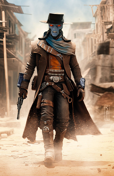 Star Wars character Cad Bane walking down a dusty street on Tatooine.