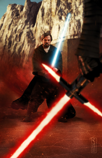Star Wars character Luke Skywalker facing off with Kylo Ren