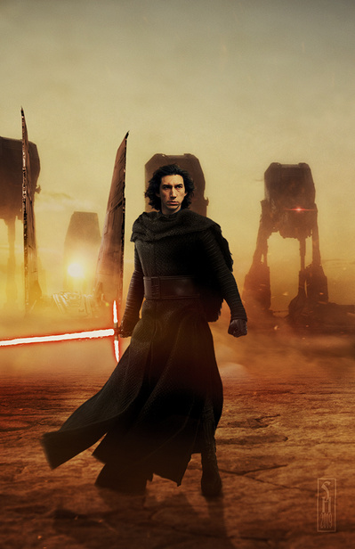 Star Wars character Kylo Ren facing off with  Luke Skywalker with large walkers behind him.