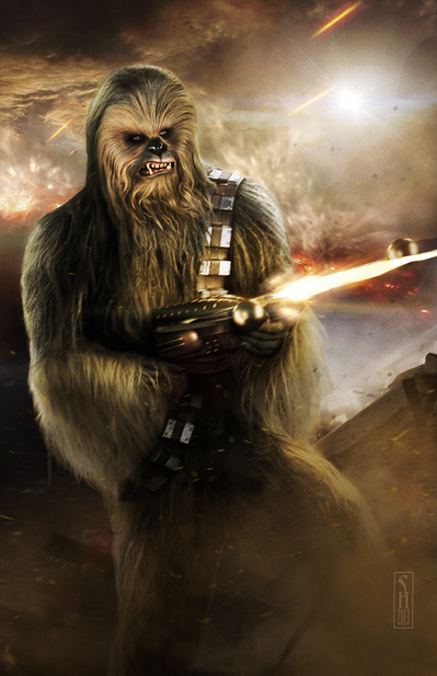 Star Wars character Chewbacca firing his bow caster rifle