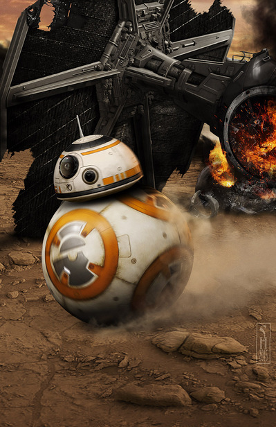 Star Wars droid BB8 racing across the planet Tatooine 