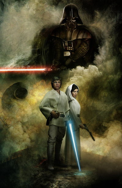 Star Wars character Luke Skywalker and Princess Leia standing together while Darth Vader looming behind