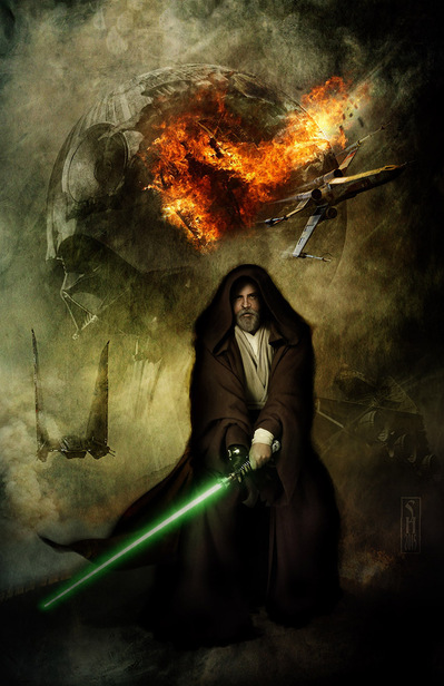 Star Wars character Luke Skywalker in his older years surrounded by ships of the Empire
