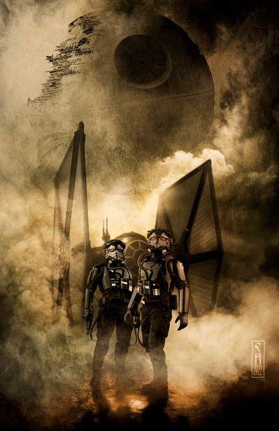Star Wars Tie Fighter Pilots standing in front of their Tie Fighters