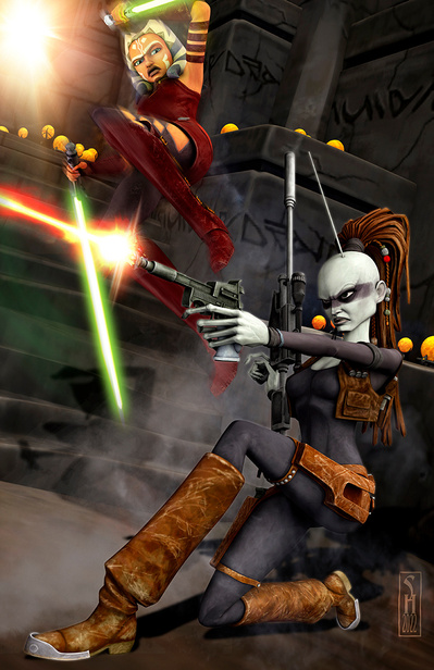 Star Wars characters Ashoka Tano and Aura Sing engaged in battle