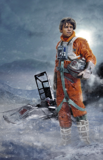 Star Wars character Luke Skywalker in the snow on the planet Hoth in front of a snowspeeder