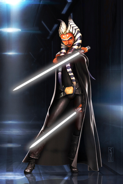 Star Wars character Ashoka Tano standing as a Ronin with her two lightsabers