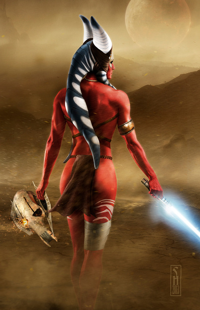 Star Wars character Shaak Ti holding the head of General Grievous