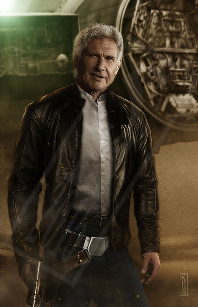 Star Wars character Han Solo in his older years standing in front of the Millennium Falcon