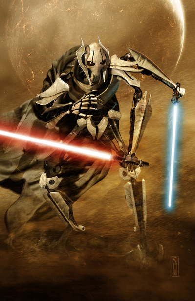 Star Wars character General Grievous as a desert warrior on a wind swept planet