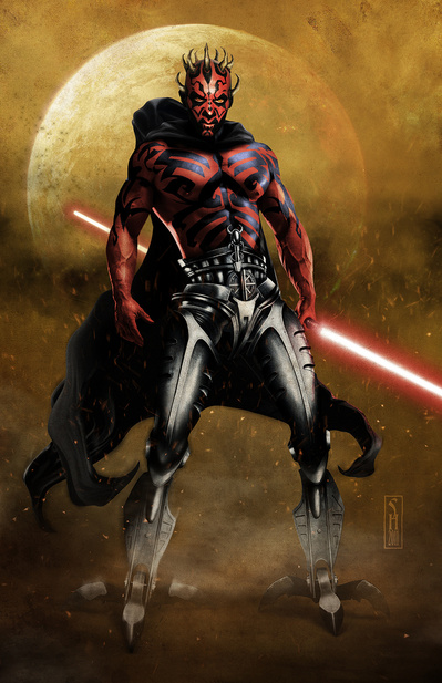 Star Wars character Darth Maul with cybernetic legs standing defiantly holding his lightsaber