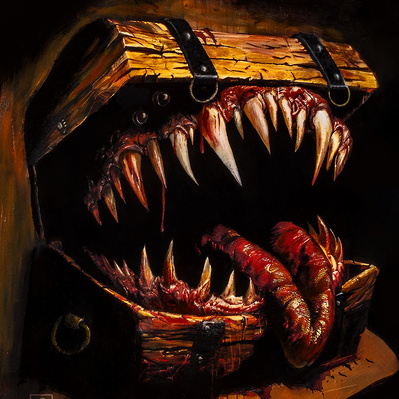 a dungeons and dragons mimic as an old chest mouth open baring its teeth and tongue 