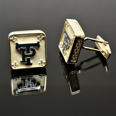 Personalize your style with 14kt Yellow and White Gold Custom Initial Cufflinks, featuring diamond-accented corners for a touch of luxury. Perfect for any occasion.
