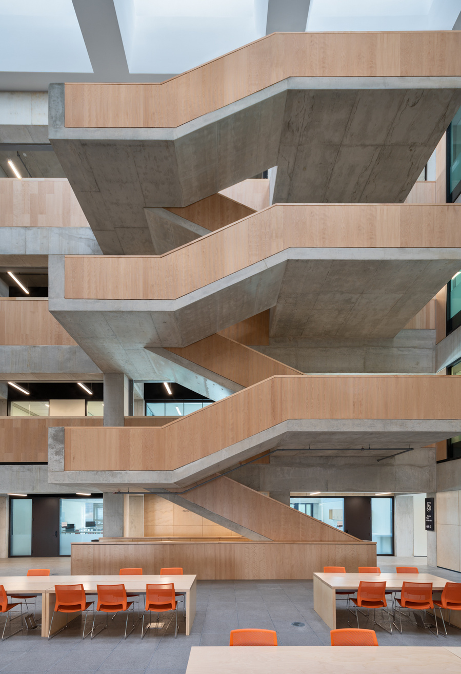 University of Toronto Myhal Centre. Architect: Montgomery Sisam Architects. Taken by Adrian Ozimek Toronto, Vancouver, Nova Scotia architectural and interiors photographer.  Interior staircase wood design