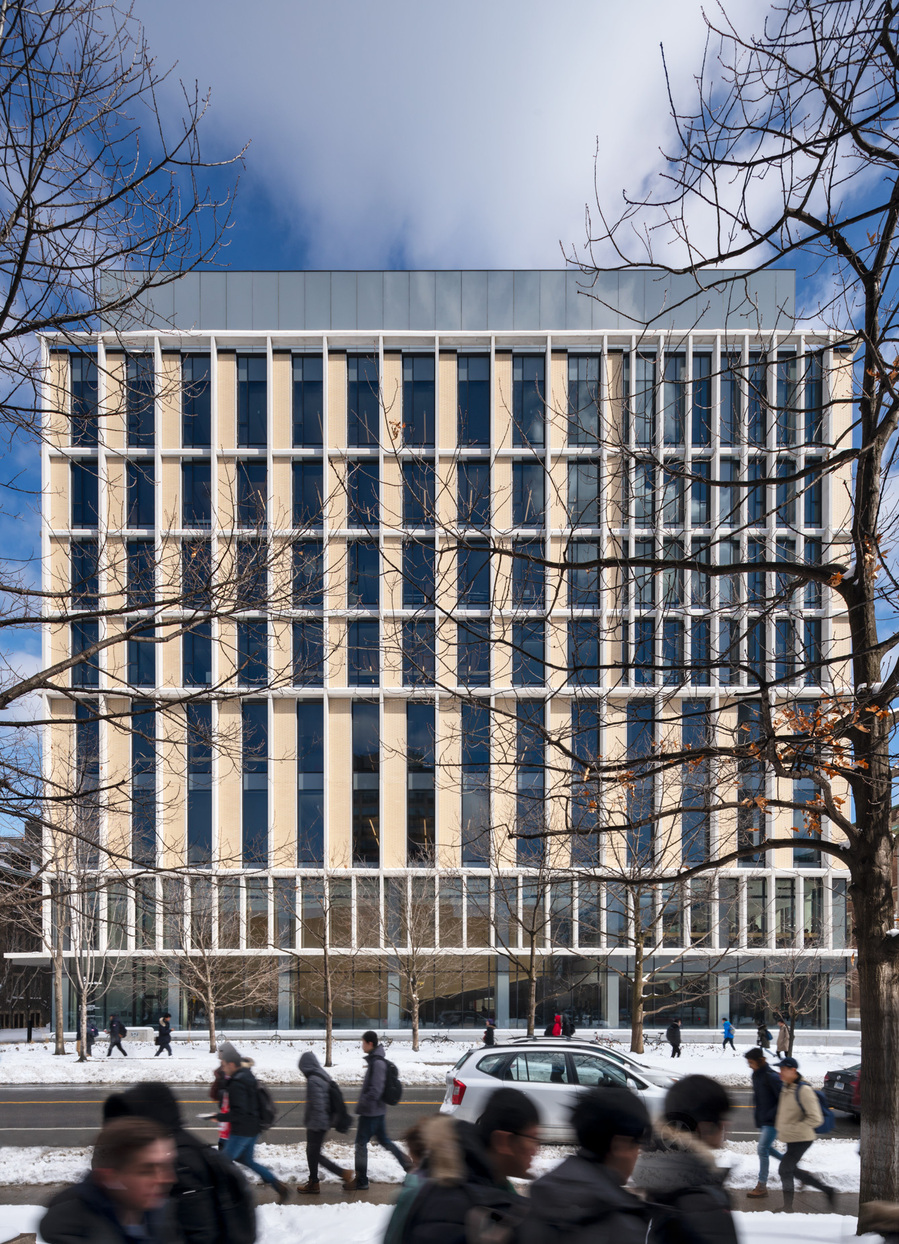 University of Toronto Myhal Centre. Architect: Montgomery Sisam Architects. Taken by Adrian Ozimek Toronto, Vancouver, Nova Scotia architectural and interiors photographer.  Exterior facade in snow, Toronto