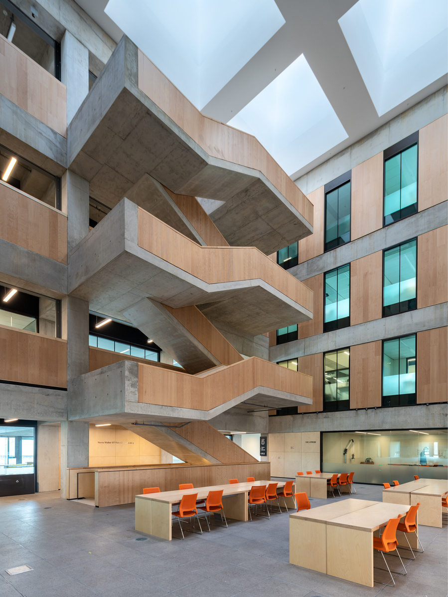University of Toronto Myhal Centre. Architect: Montgomery Sisam Architects. Taken by Adrian Ozimek Toronto, Vancouver, Nova Scotia architectural and interiors photographer.  Interior staircase wood design
