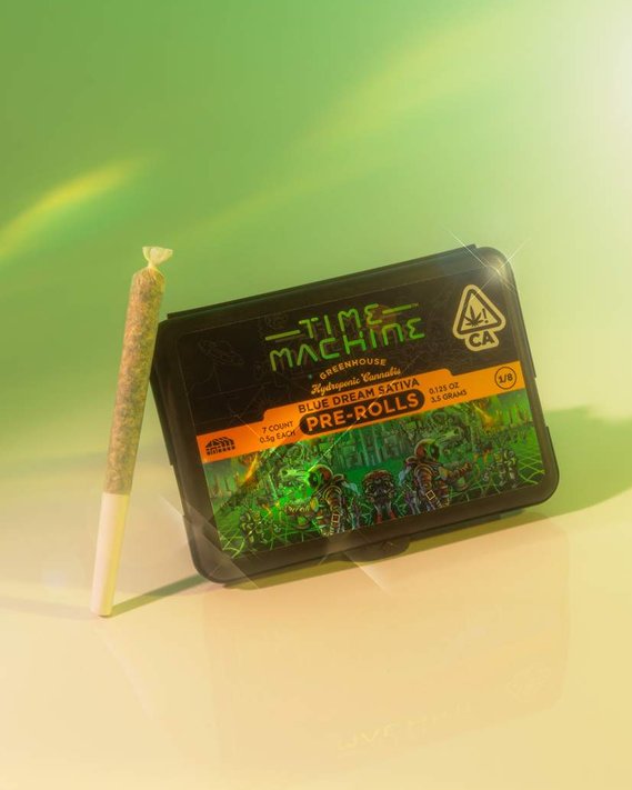 Time Machine Brand Cannabis Pre Roll Brand Photography of Joint standing next to the packaging on a green gradient background with reflections and holographic brand sticker with illustrations
