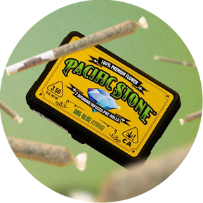Product photography styling and retouching for Pacific Stone Cannabis brand by photographer stylist Becca M. Image of Pre Rolled Joints flying in the air around the packaging on a green background.