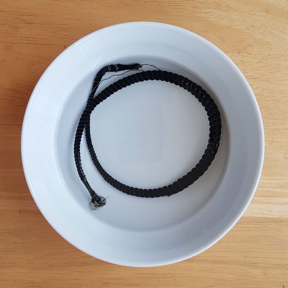 Textile bracelet soaking in water in a bowl on table.