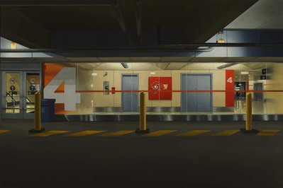 paintign of waiting area at Toronto Pearson Airport with Paterson Ewen painting hanging on wall.