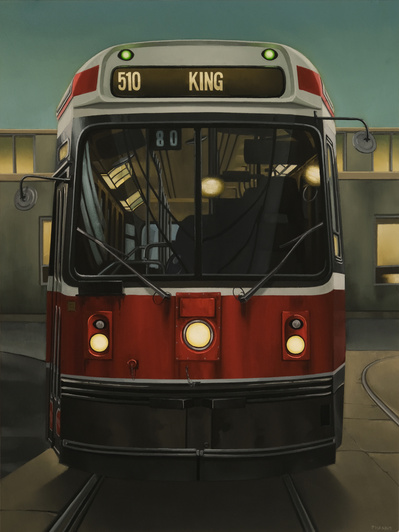 An oil on canvas painting of a Toronto streetcar at night in front of a Pho restaurant on King st.