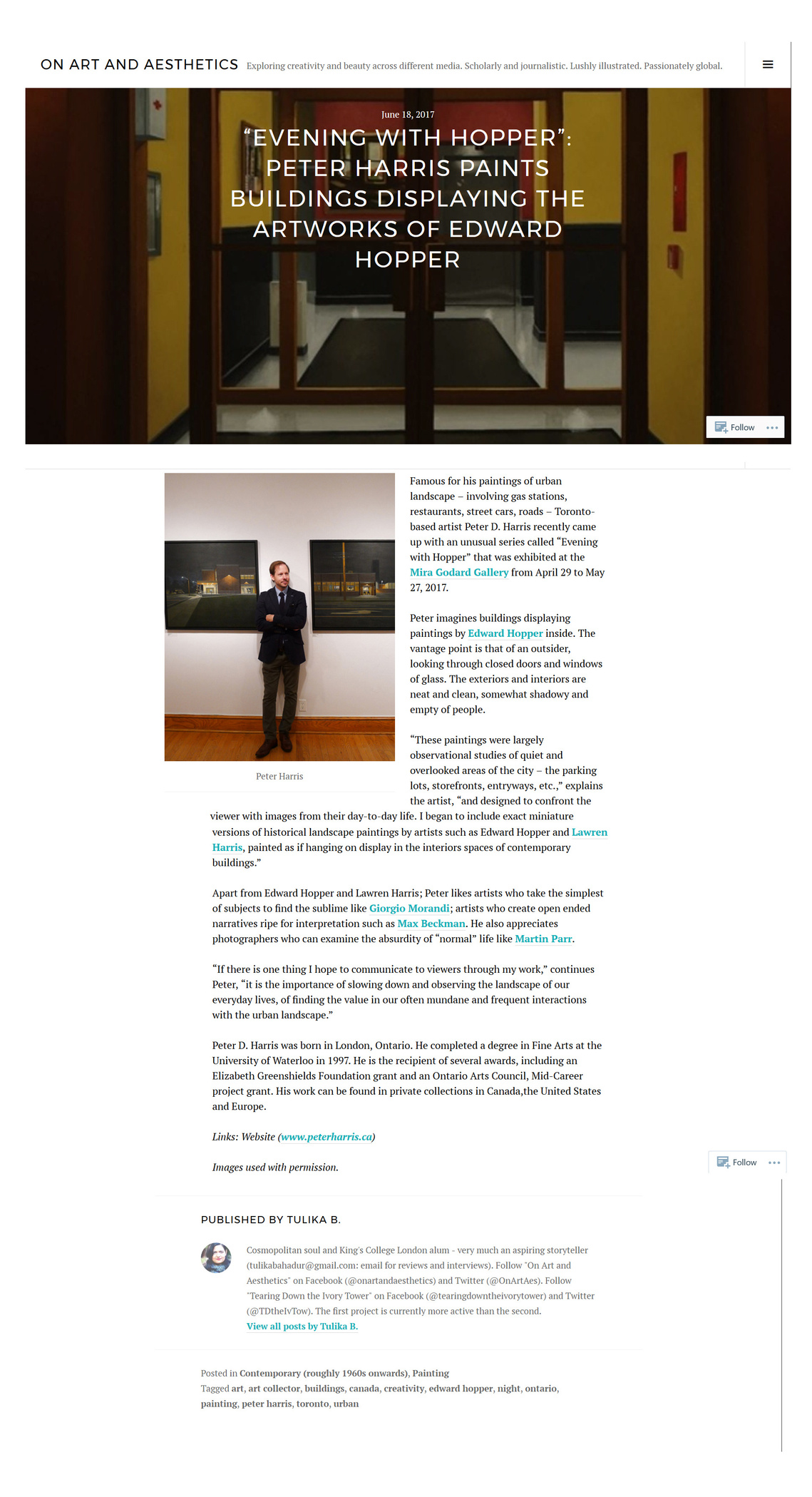 website on art and aesthetics, edward hopper, painting, pet painting, mira godard gallery, painting, toronto artist, peter harris, urban landscape