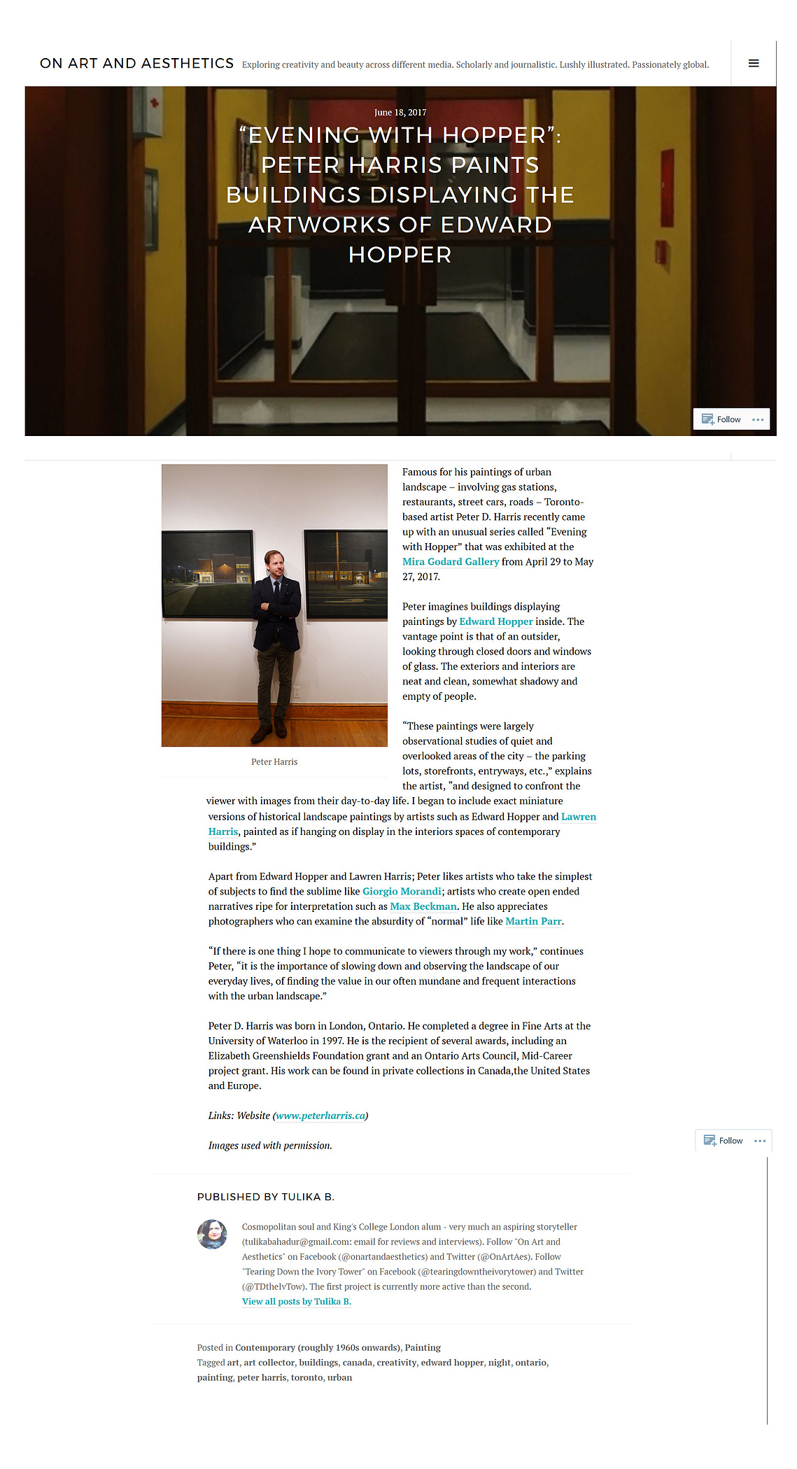 website on art and aesthetics, edward hopper, painting, pet painting, mira godard gallery, painting, toronto artist, peter harris, urban landscape