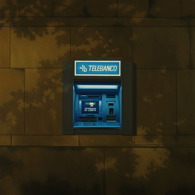 Oil painting of Telebanco bank machine in Madrid against stone wall, by artist Peter D Harris, Toronto, Ontario, Canada.