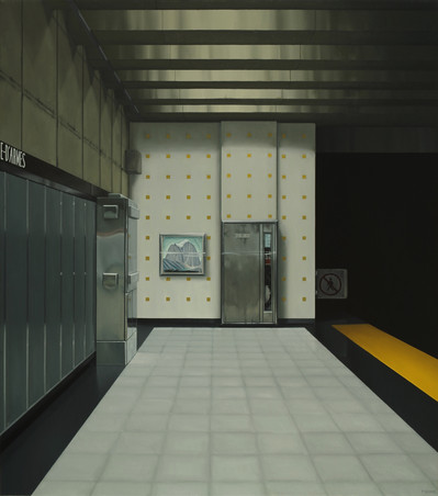 oil painting of Place d'armes subway station in Montreal with Lawren Harris painting, by artist Peter D Harris, Toronto, Ontario Canada.