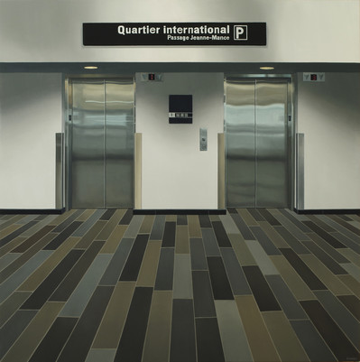 Oil painting of steel elevator doors in Montreal, by artist Peter D Harris, Toronto, Ontario, Canada.
