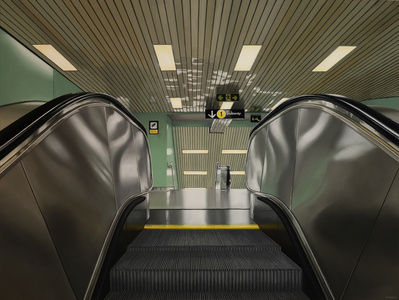 An oil on canvas painting of riding the escalator up into a subway station in Montreal.