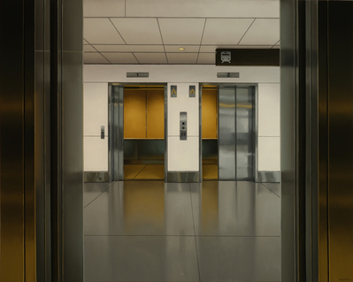 An oil on canvas painting of the inside of an elevator opening onto floor 1.