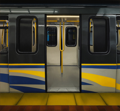 An oil on canvas painting of a blue Montreal Subway car.