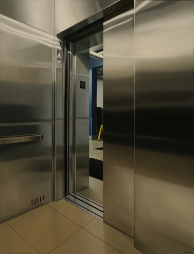 An oil on canvas painting of riding an escalator up into a subway station in Toronto.