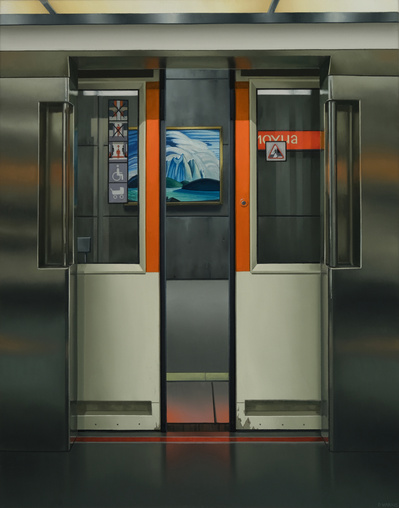 Oil on canvas painting of a subway door opening onto a Lawren Harris painting
