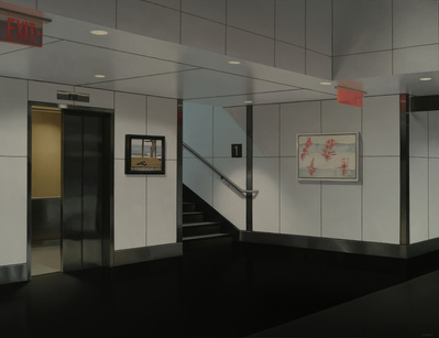 Oil on canvas painting of a airport with 2 paintings hanging on the wall by Alex Colville and Bourduas. By Peter D Harris