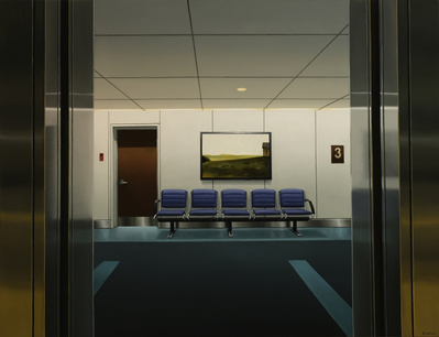 Oil on canvas painting of elevator doors opening to a waiting area with a painting by Jean Paul Lemieux hanging on the wall by Peter D Harris