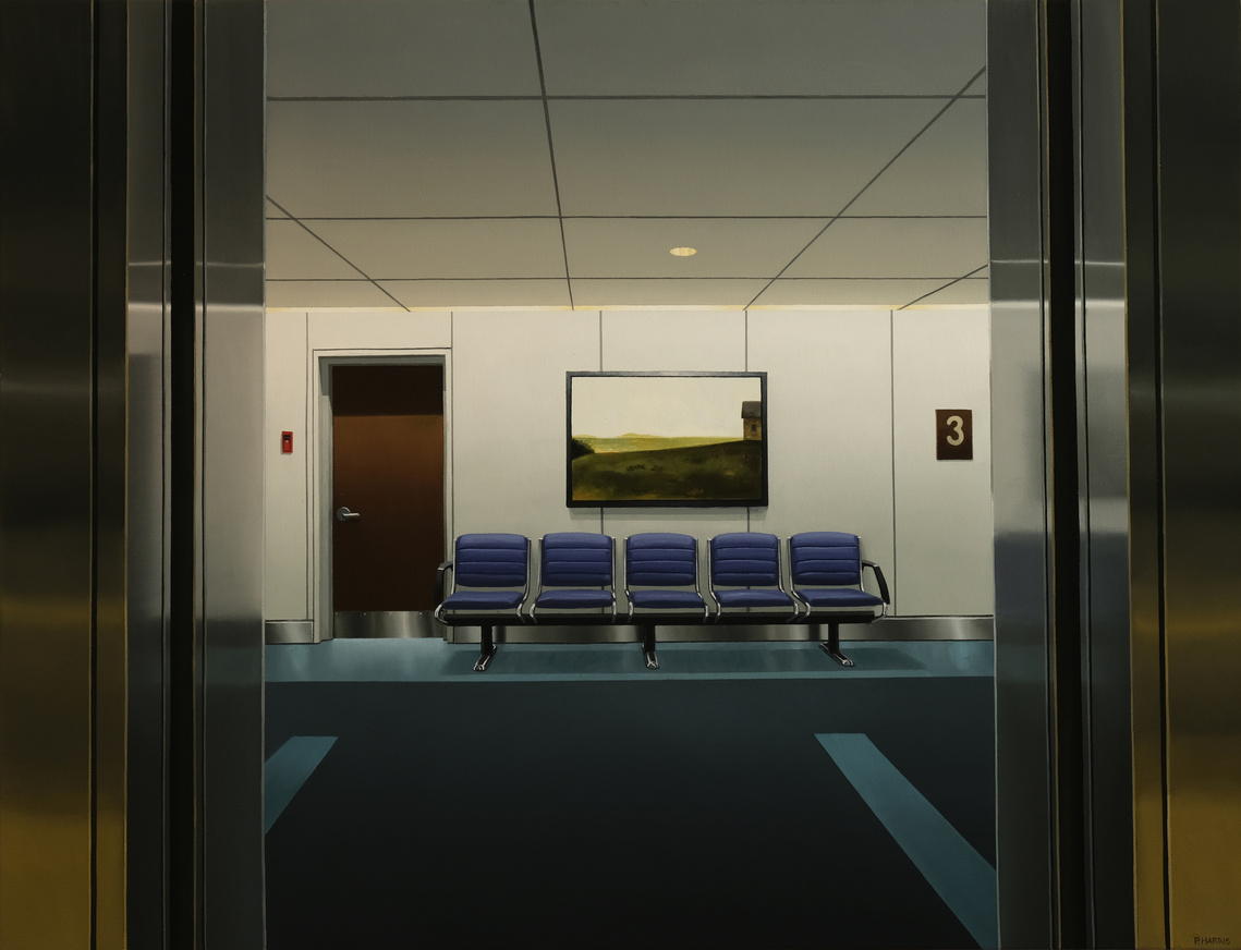 Oil on canvas painting by Peter D Harris of elevator doors opening onto a waiting area with a painting by Jean Paul Lemiuex hanging on the wall.