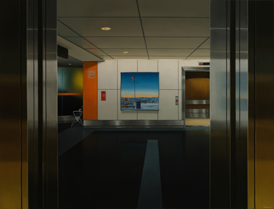 Oil on canvas painting of elevator doors opening to a painting by Chritopher Pratt hanging on the wall.