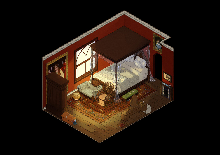 A perspective e drawing of a Victorian era bedroom with a wheelchair and fireplace.