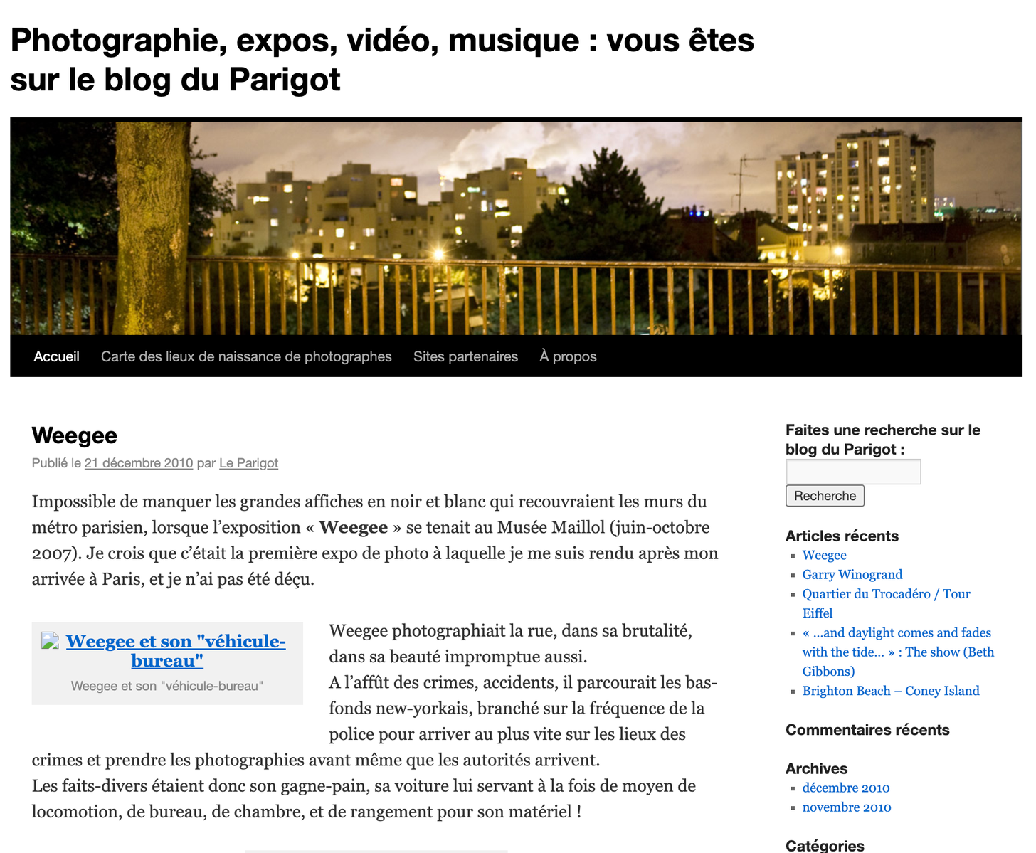 Impression écran du blog le-parigot.com en 2010