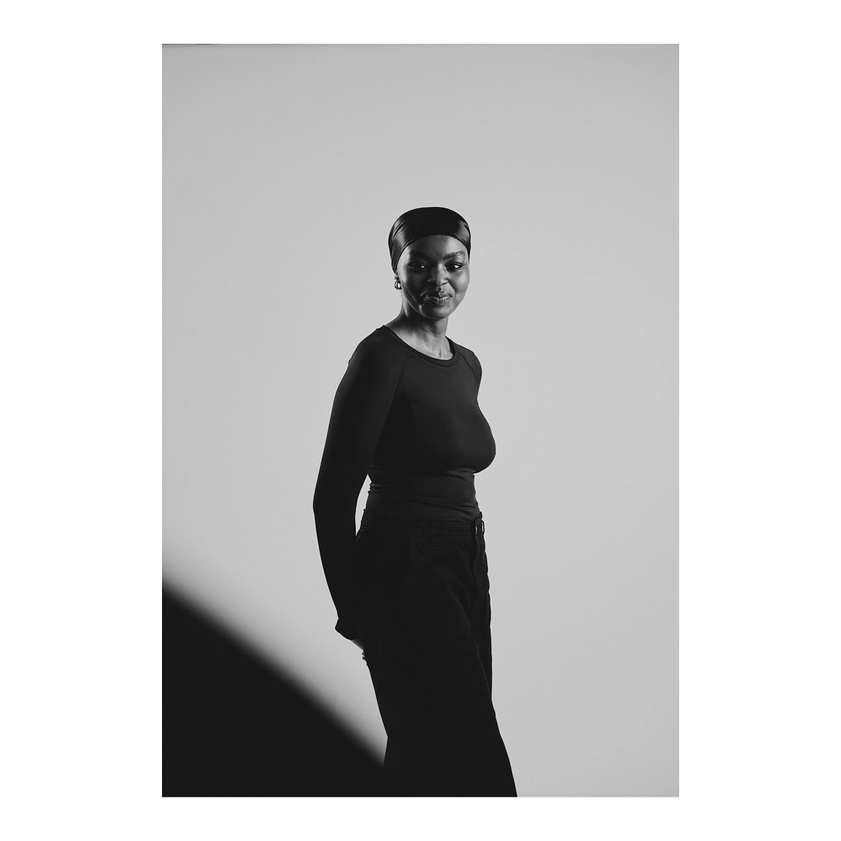 Monochrome image using VCSO camera of model on set at Aire Street Studio