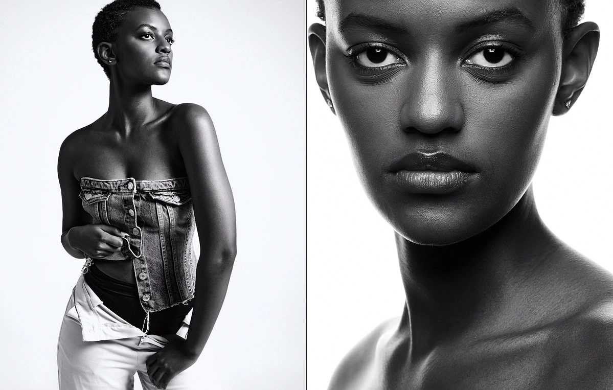 Monochrome image of black female model with flawless skin tone captured on a photo studio hire at Aire Street Studio Leeds