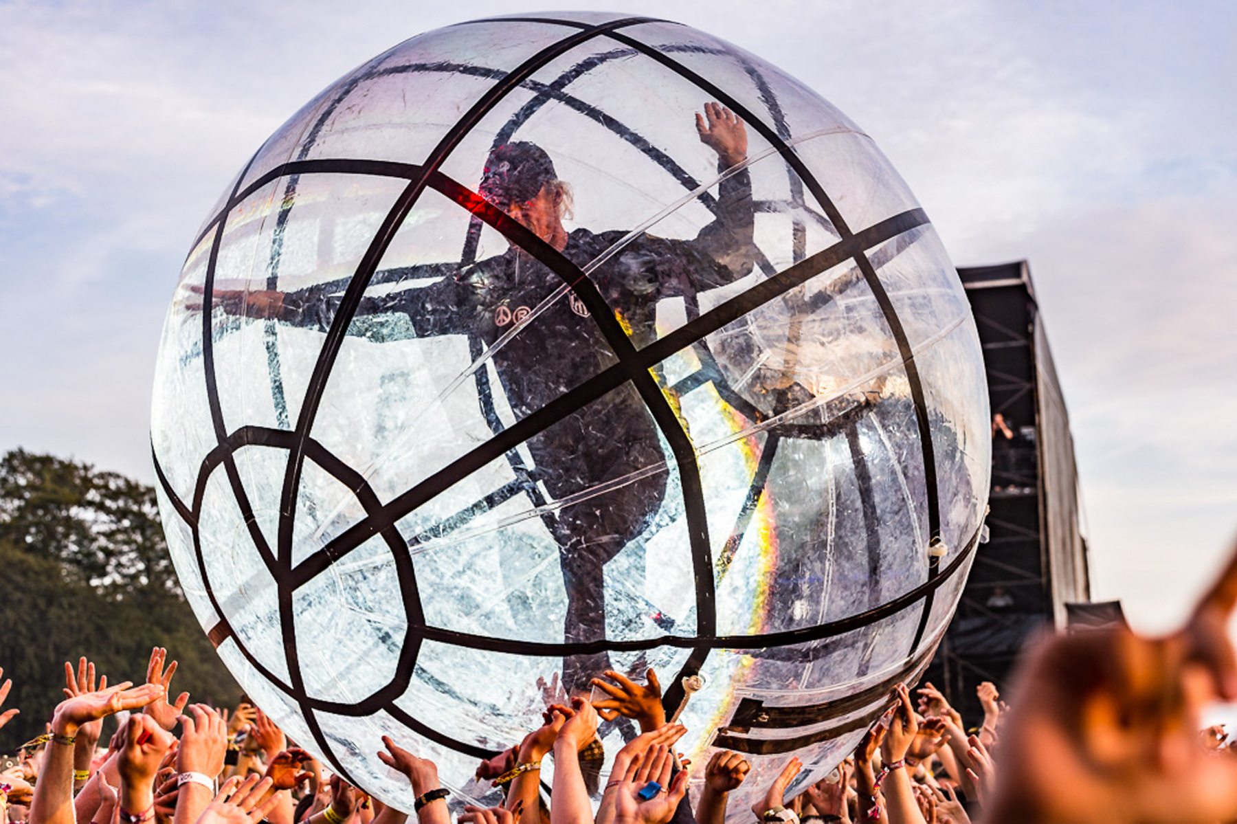 Image Diplo of Major Lazer goes crowdsurfing in an orb during live performance on day 3 of Leeds Festival a Bramham Park, UK. Picture date: Sunday 27 August, 2017. Photo credit: Mark Wheelwright Aire Street Studio Leeds
